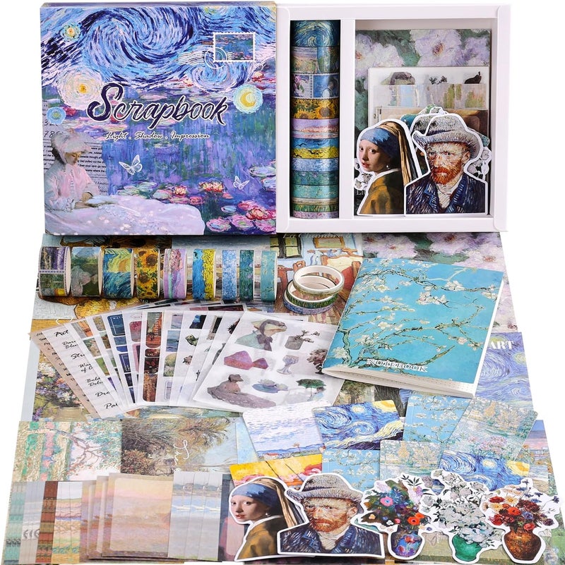 emmoolife Scrapbooking Supplies Kit, Monet Van Gogh Oil Painting Theme Scrapbook Kit for Bullet Junk Journal, 12 Rolls Washi Tape, Stickers Papers for DIY Journaling Supplies, Craft Gift for Women Teenage - Image 1